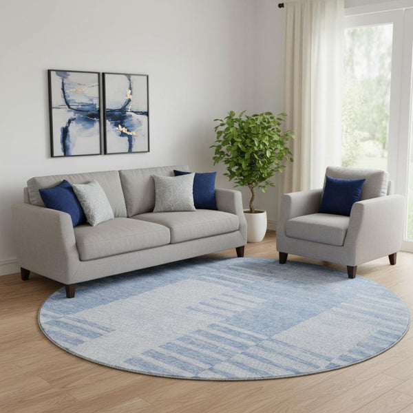 HomeRoots 8' Blue and Ivory Striped Washable Round Rug - Durable, UV-Protected, Stain-Resistant Design for Any Space 656199