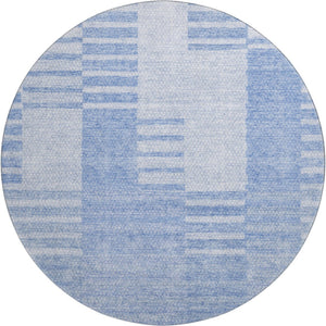 HomeRoots 8' Blue and Ivory Striped Washable Round Rug - Durable, UV-Protected, Stain-Resistant Design for Any Space 656199