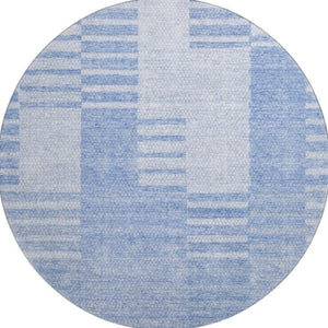 HomeRoots 8' Blue and Ivory Striped Washable Round Rug - Durable, UV-Protected, Stain-Resistant Design for Any Space 656199