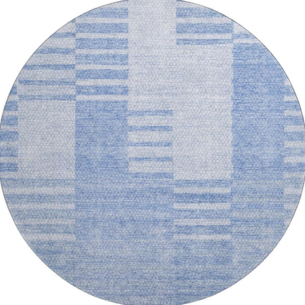 HomeRoots 8' Blue and Ivory Striped Washable Round Rug - Durable, UV-Protected, Stain-Resistant Design for Any Space 656199