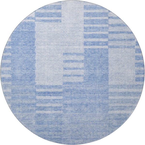 HomeRoots 8' Blue and Ivory Striped Washable Round Rug - Durable, UV-Protected, Stain-Resistant Design for Any Space 656199
