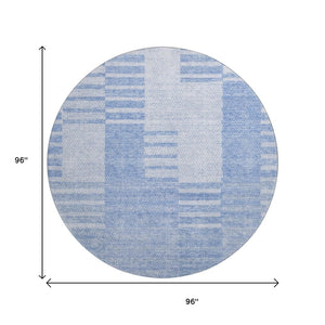 HomeRoots 8' Blue and Ivory Striped Washable Round Rug - Durable, UV-Protected, Stain-Resistant Design for Any Space 656199