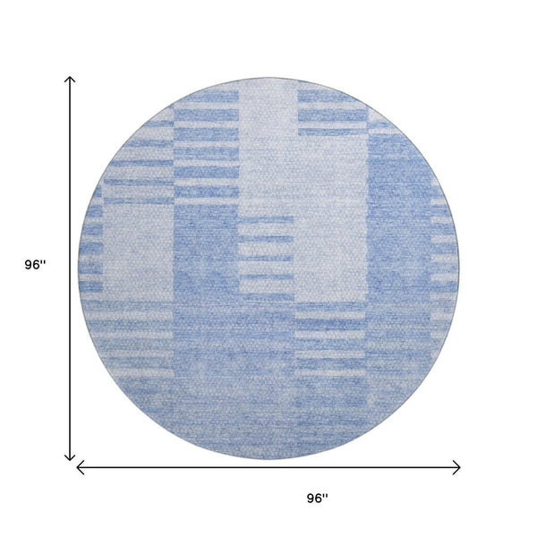 HomeRoots 8' Blue and Ivory Striped Washable Round Rug - Durable, UV-Protected, Stain-Resistant Design for Any Space 656199