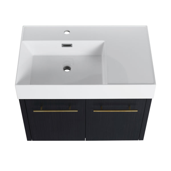 English Elm 30 Inch Wall-Mounted Bathroom Vanity Set With Left Basin Sink, Storage Rack & Modern Design W999S00368
