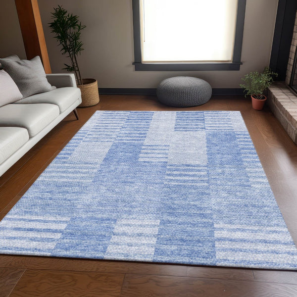 HomeRoots 8' X 10' Blue and Ivory Striped Washable Area Rug – Stain-Resistant, UV Protected, Coastal Style! 656200