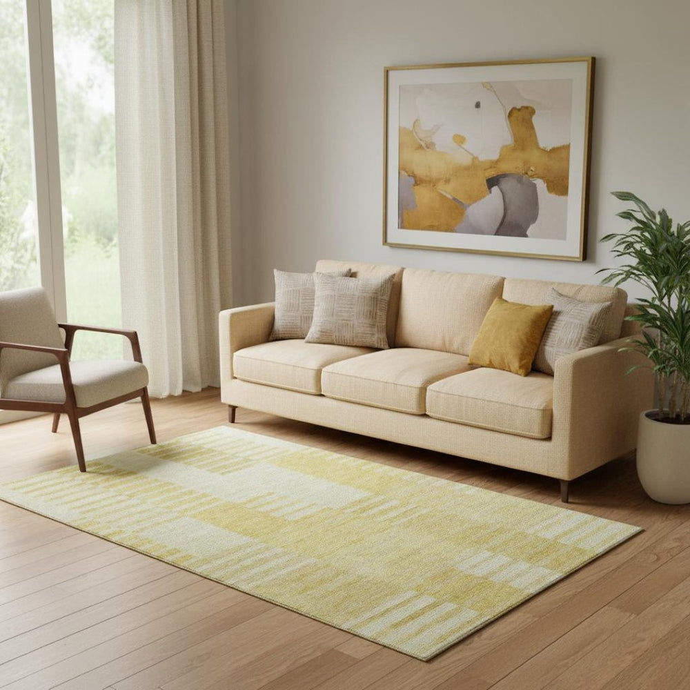 HomeRoots 5' X 8' Stylish Amber & Ivory Striped Washable Area Rug - UV Protected, Stain-Resistant & Durable 656204