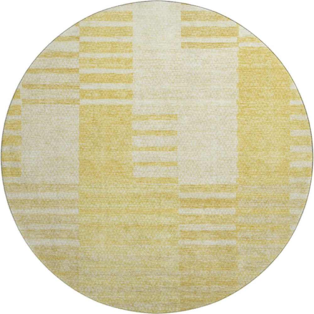 HomeRoots 8' Amber and Ivory Striped Round Rug – Washable, UV-Protected, Durable Design for Family Spaces 656205