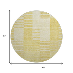 HomeRoots 8' Amber and Ivory Striped Round Rug – Washable, UV-Protected, Durable Design for Family Spaces 656205