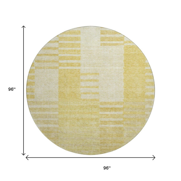 HomeRoots 8' Amber and Ivory Striped Round Rug – Washable, UV-Protected, Durable Design for Family Spaces 656205