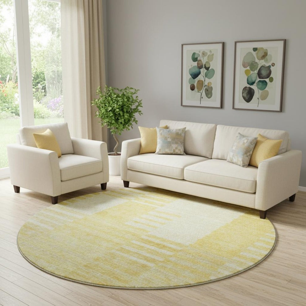 HomeRoots 8' Amber and Ivory Striped Round Rug – Washable, UV-Protected, Durable Design for Family Spaces 656205