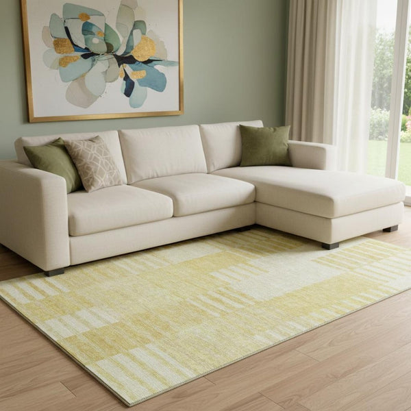 HomeRoots 8' X 10' Amber and Ivory Striped Washable Area Rug - Stain Resistant, UV Protected, Easy Care Design 656206