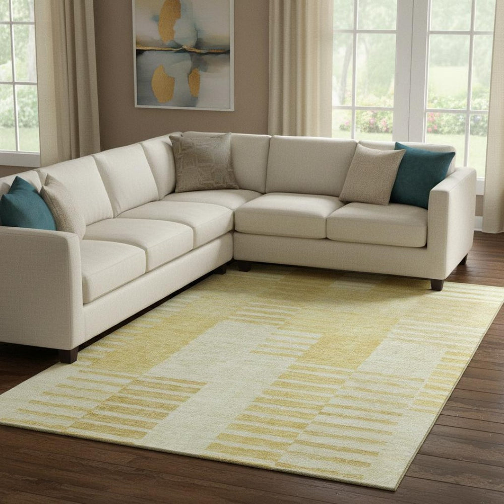 HomeRoots 9' X 12' Amber and Ivory Striped Washable Area Rug – Durable, Stain-Resistant, UV Protected Elegance 656207