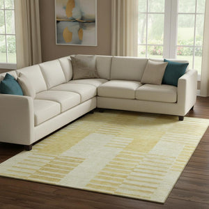 HomeRoots 9' X 12' Amber and Ivory Striped Washable Area Rug – Durable, Stain-Resistant, UV Protected Elegance 656207