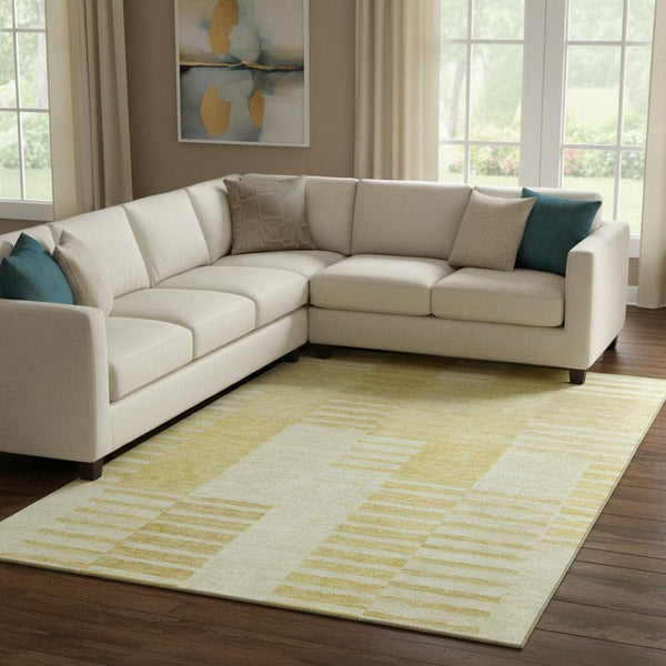 HomeRoots 9' X 12' Amber and Ivory Striped Washable Area Rug – Durable, Stain-Resistant, UV Protected Elegance 656207