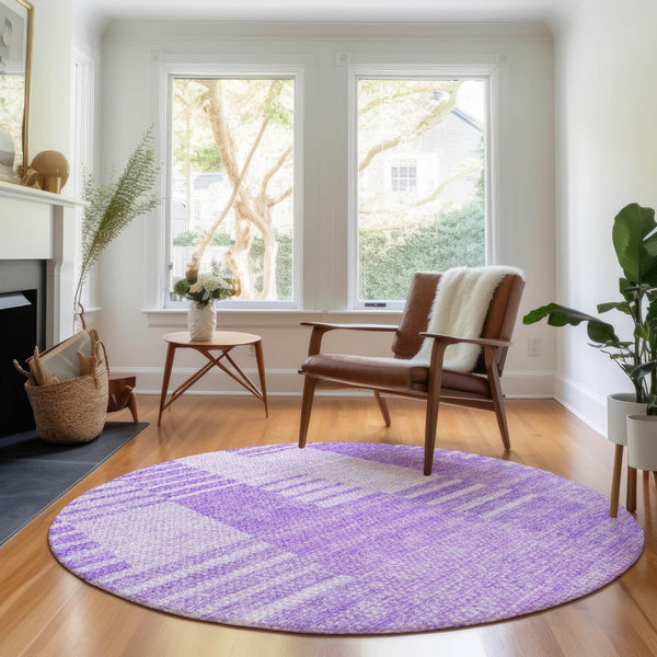 HomeRoots 8' Lavender Striped Round Rug - Washable, UV-Protected, Durable Polyester for Family Spaces & Style 656211