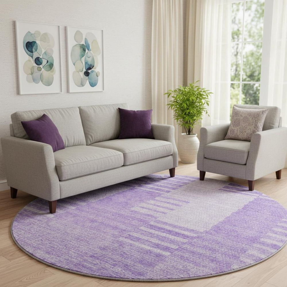 HomeRoots 8' Lavender Striped Round Rug - Washable, UV-Protected, Durable Polyester for Family Spaces & Style 656211