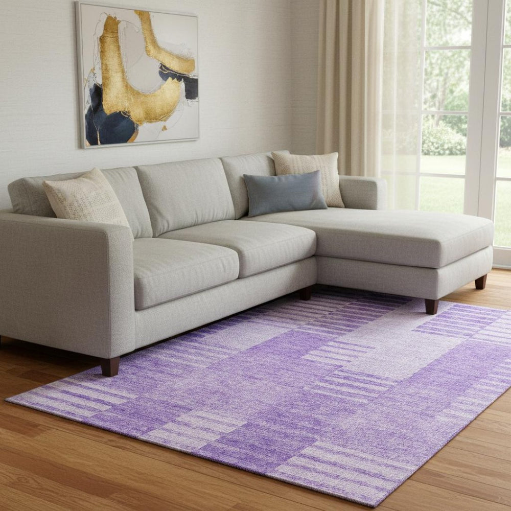 HomeRoots 8' X 10' Stylish Lavender & Ivory Striped Washable Area Rug with UV Protection for Easy Care 656212