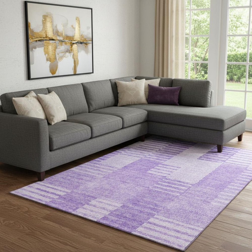 HomeRoots 9' X 12' Lavender and Ivory Striped Washable Area Rug with UV Protection for Everyday Elegance 656213