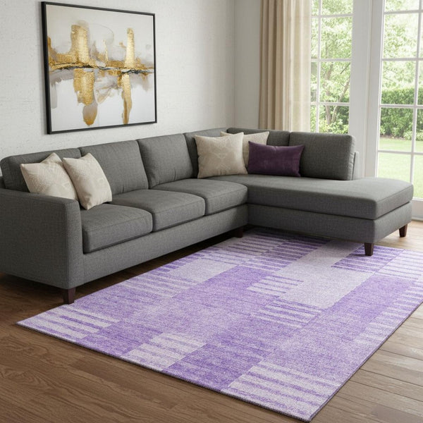 HomeRoots 9' X 12' Lavender and Ivory Striped Washable Area Rug with UV Protection for Everyday Elegance 656213