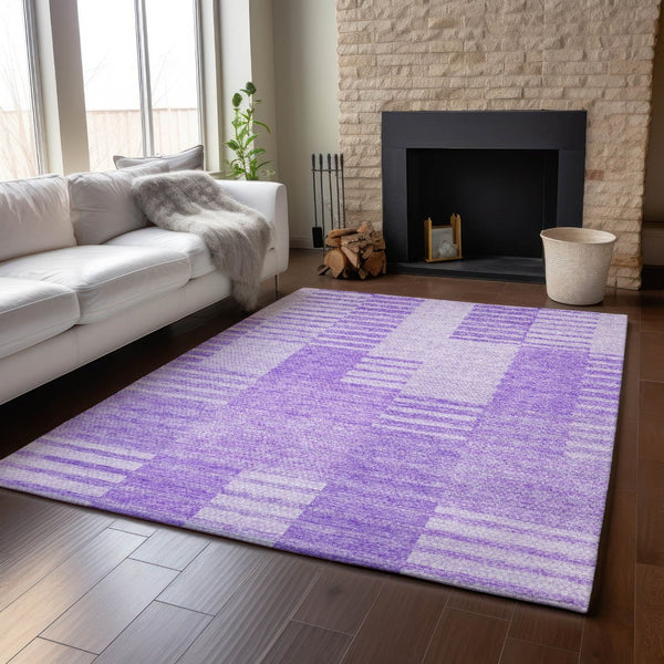 HomeRoots 9' X 12' Lavender and Ivory Striped Washable Area Rug with UV Protection for Everyday Elegance 656213