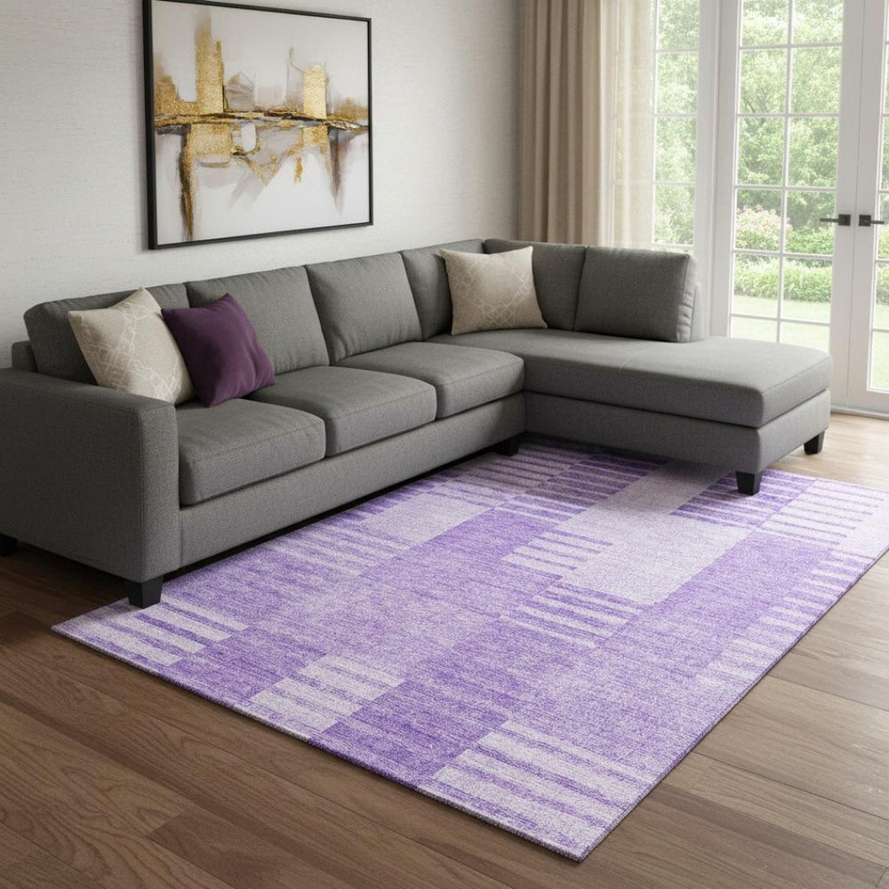 HomeRoots 10' X 14' Striped Lavender & Ivory Washable Area Rug with UV Protection – Durable & Stylish Choice! 656214