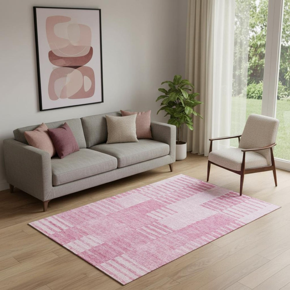HomeRoots 5' X 8' Pink And Ivory Striped Washable Area Rug – Kid & Pet Friendly, UV Protected for Lasting Beauty 656216