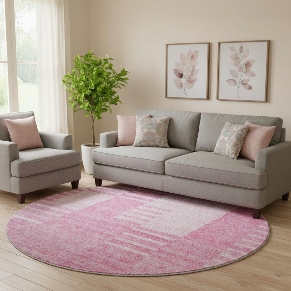HomeRoots 8' Pink And Ivory Striped Washable Round Rug – Durable, UV Protected, Stain-Resistant for Busy Homes 656217