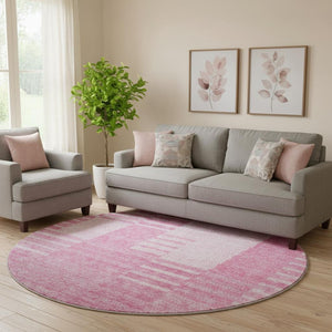 HomeRoots 8' Pink And Ivory Striped Washable Round Rug – Durable, UV Protected, Stain-Resistant for Busy Homes 656217
