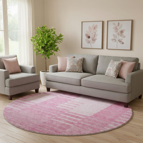 HomeRoots 8' Pink And Ivory Striped Washable Round Rug – Durable, UV Protected, Stain-Resistant for Busy Homes 656217