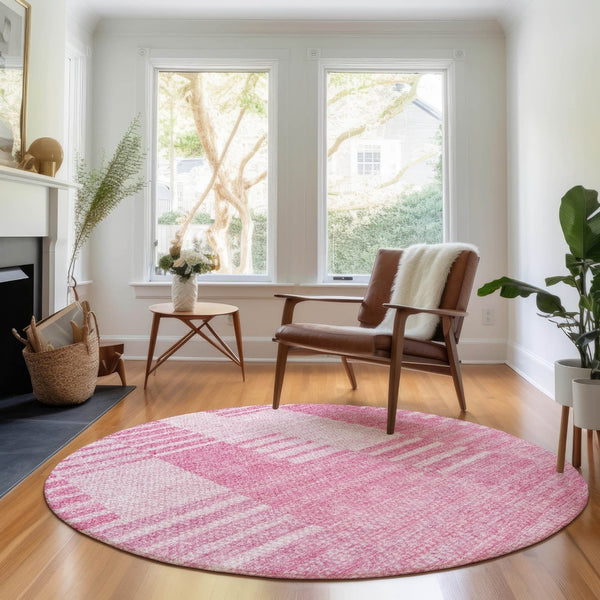 HomeRoots 8' Pink And Ivory Striped Washable Round Rug – Durable, UV Protected, Stain-Resistant for Busy Homes 656217
