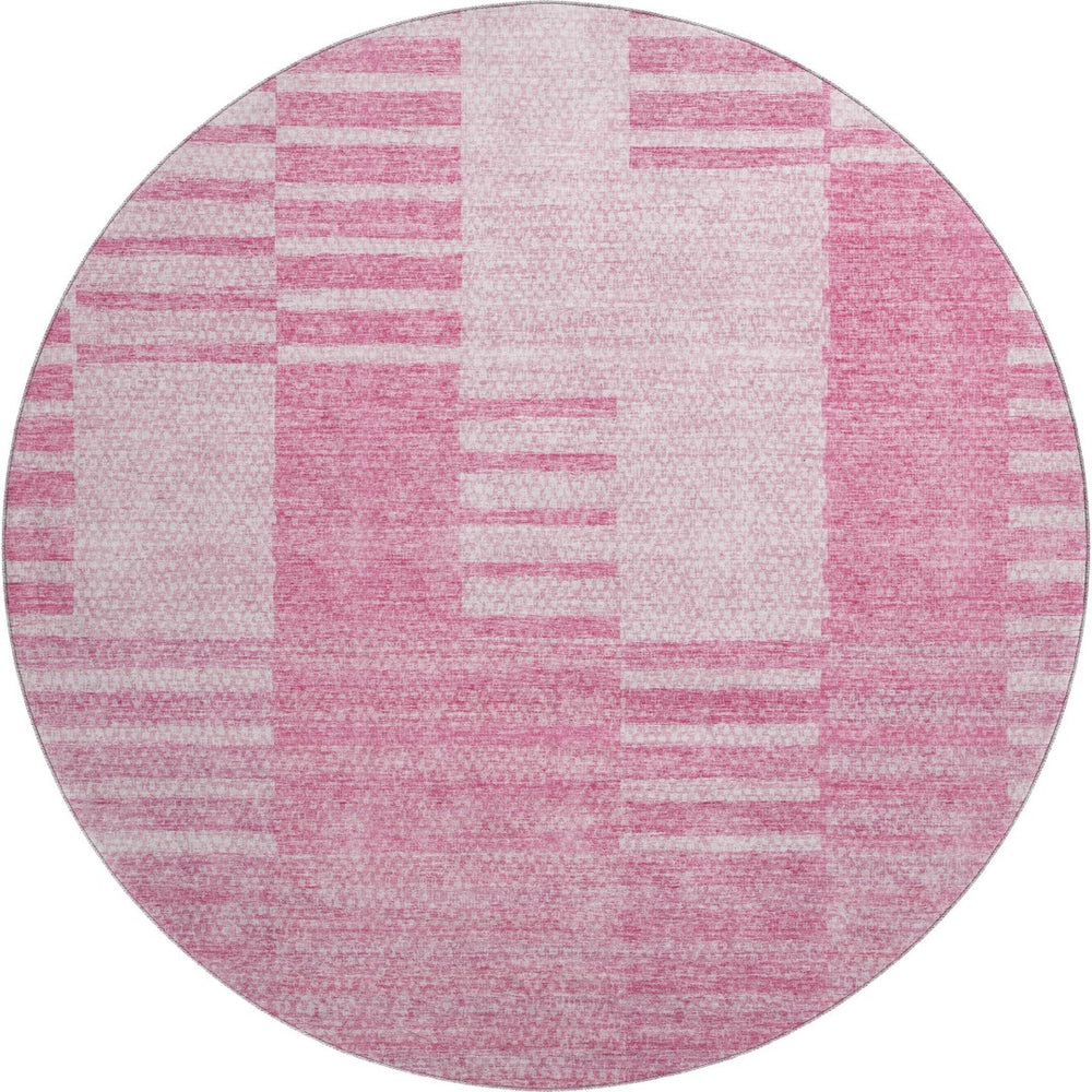 HomeRoots 8' Pink And Ivory Striped Washable Round Rug – Durable, UV Protected, Stain-Resistant for Busy Homes 656217