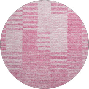 HomeRoots 8' Pink And Ivory Striped Washable Round Rug – Durable, UV Protected, Stain-Resistant for Busy Homes 656217