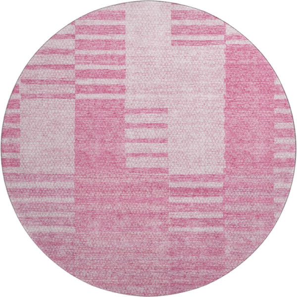 HomeRoots 8' Pink And Ivory Striped Washable Round Rug – Durable, UV Protected, Stain-Resistant for Busy Homes 656217