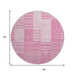 HomeRoots 8' Pink And Ivory Striped Washable Round Rug – Durable, UV Protected, Stain-Resistant for Busy Homes 656217