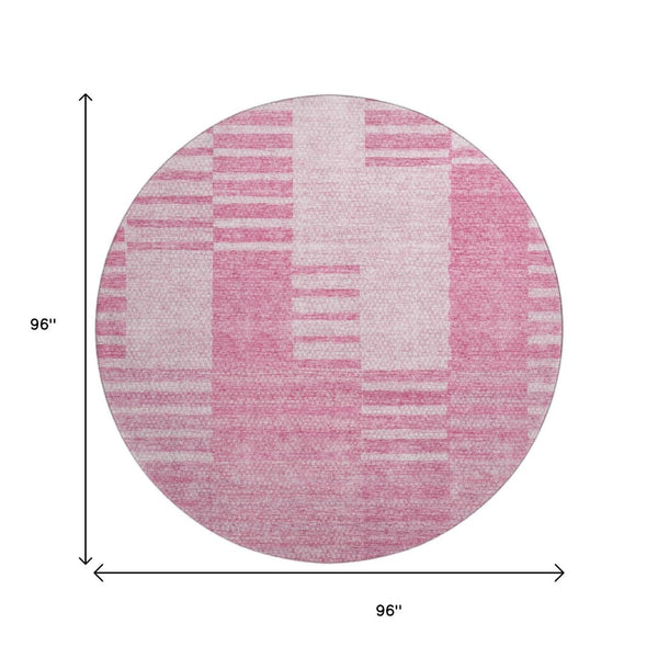 HomeRoots 8' Pink And Ivory Striped Washable Round Rug – Durable, UV Protected, Stain-Resistant for Busy Homes 656217