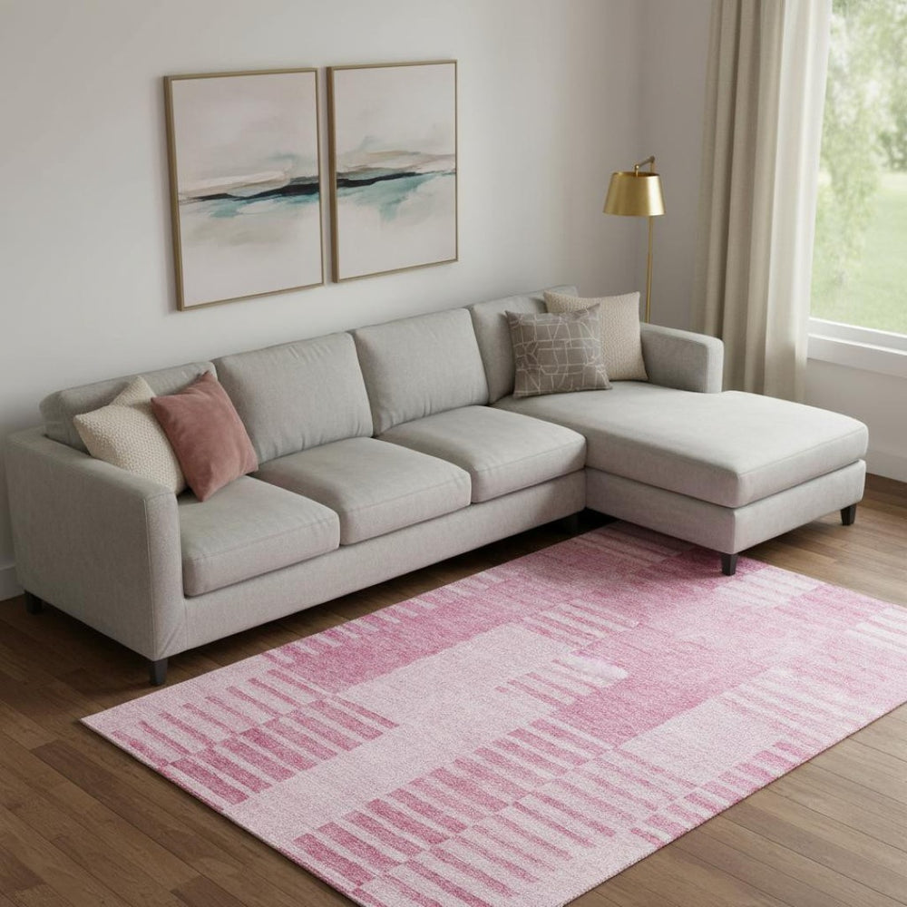 HomeRoots 9' X 12' Washable Pink and Ivory Striped Area Rug – UV Protected, Durable, Stain-Resistant Design 656219