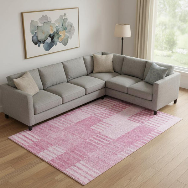 HomeRoots 10' X 14' Pink And Ivory Striped Washable Area Rug - Durable, UV-Protected, Ideal for High-Traffic Spaces 656220