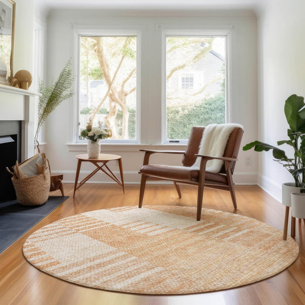 HomeRoots 8' Salmon and Ivory Striped Round Rug - Washable, UV Protected, Stain Resistant for Busy Homes 656223