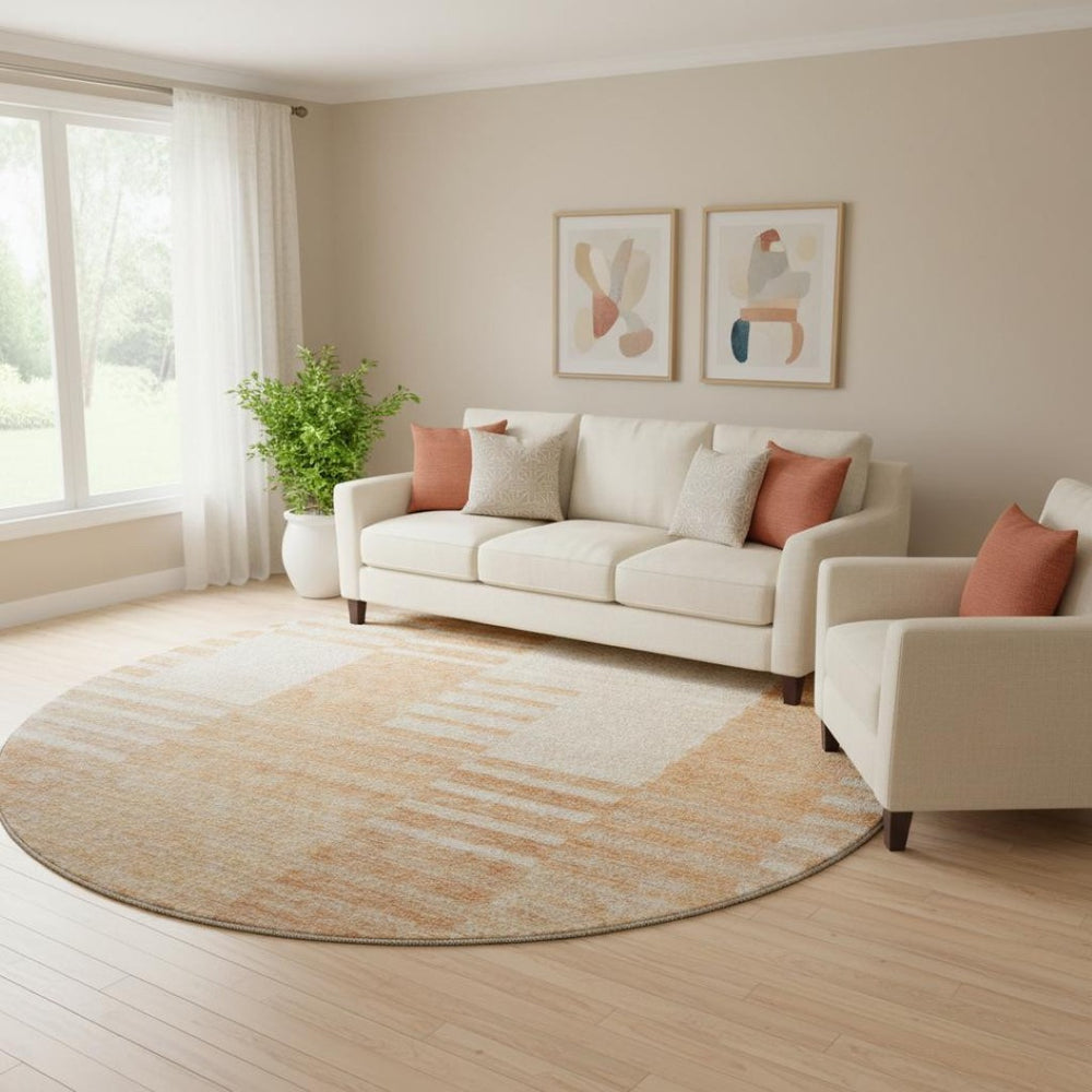 HomeRoots 8' Salmon and Ivory Striped Round Rug - Washable, UV Protected, Stain Resistant for Busy Homes 656223