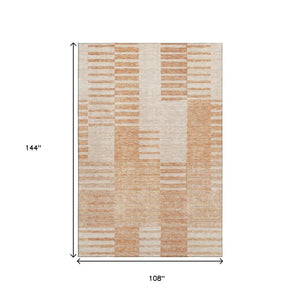 HomeRoots 9' X 12' Stylish Salmon & Ivory Striped Washable Area Rug with UV Protection for Family Living Spaces 656225