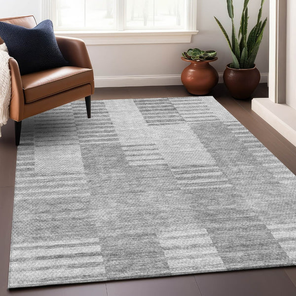 HomeRoots 5' X 8' Silver and Gray Striped Washable Area Rug - Durable, Stain-Resistant, UV-Protected Comfort 656228