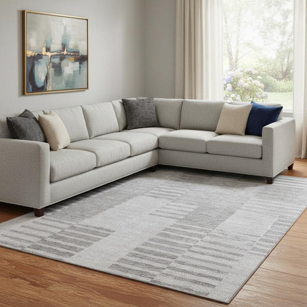 HomeRoots 8' X 10' Silver and Gray Striped Area Rug - Washable, UV Protected, Perfect for High-Traffic Spaces 656230