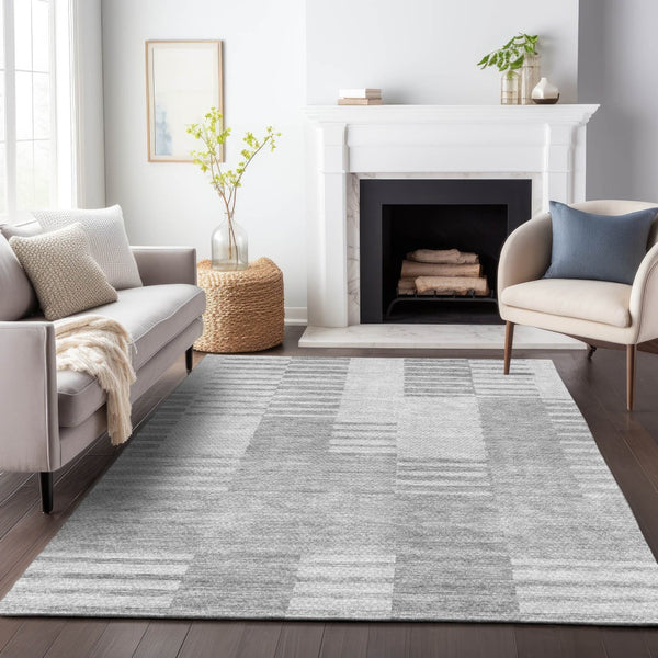 HomeRoots 9' X 12' Silver and Gray Striped Area Rug with UV Protection - Durable, Washable, Pet-Friendly Design 656231