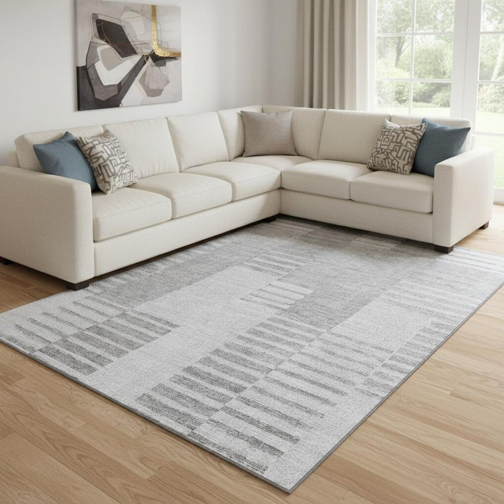 HomeRoots 10' X 14' Stylish Silver and Gray Striped Washable Rug with Stain Resistance and UV Protection 656232