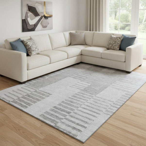 HomeRoots 10' X 14' Stylish Silver and Gray Striped Washable Rug with Stain Resistance and UV Protection 656232