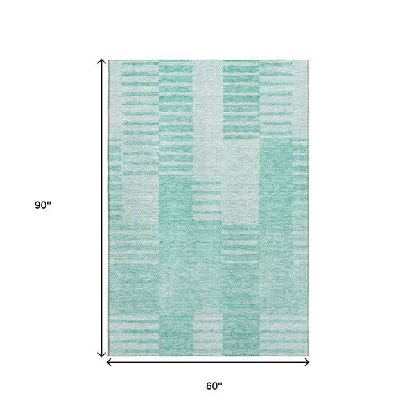 HomeRoots 5' X 8' Teal and Ivory Striped Area Rug - Durable, Washable, UV-Protected for Stylish Living Spaces 656234
