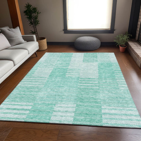 HomeRoots 5' X 8' Teal and Ivory Striped Area Rug - Durable, Washable, UV-Protected for Stylish Living Spaces 656234