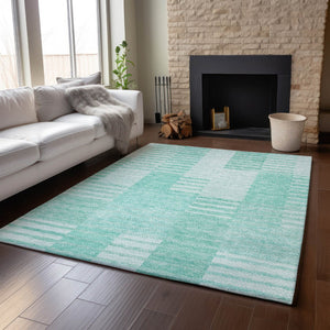 HomeRoots 5' X 8' Teal and Ivory Striped Area Rug - Durable, Washable, UV-Protected for Stylish Living Spaces 656234