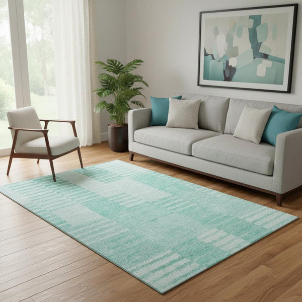 HomeRoots 5' X 8' Teal and Ivory Striped Area Rug - Durable, Washable, UV-Protected for Stylish Living Spaces 656234