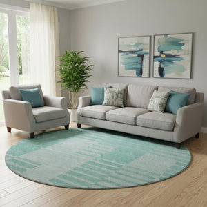 HomeRoots 8' Teal and Ivory Striped Round Rug - Washable, UV Protected, Perfect for High-Traffic Areas! 656235